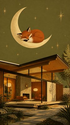 a sleeping baby fox curled on a crescent moon among soft stars, gentle and warm, no text