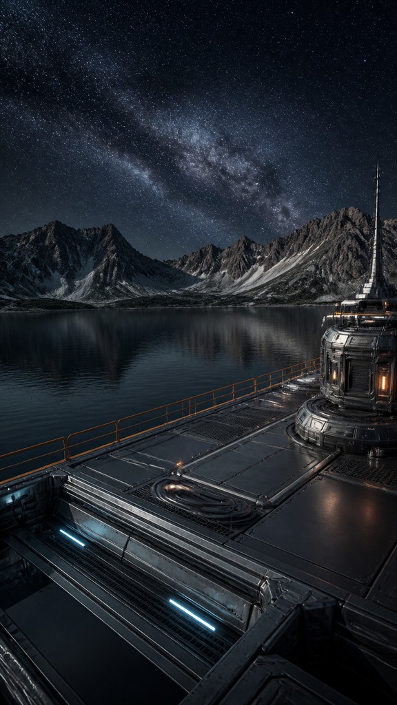 a tranquil mountain lake beneath a starry night sky, no people, no text
