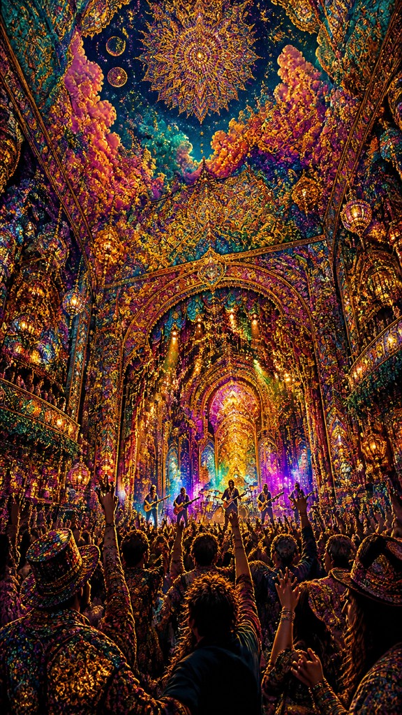 a live music scene with a glowing stage and silhouetted crowd, energetic vertical composition with open space at the top, no text