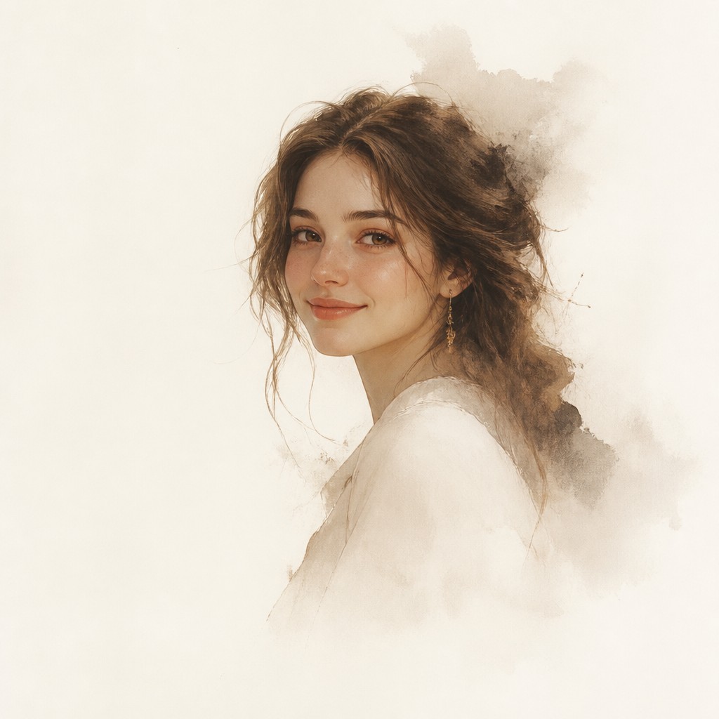 head-and-shoulders portrait of an original character: a young woman with wavy chestnut hair and a warm smile, plain soft backdrop