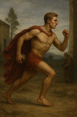 a painting of a man with a red cape running