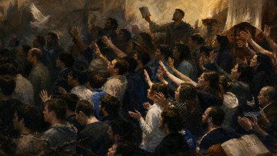a painting of a crowd of people with their hands in the air