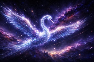 A panoramic wide-angle celestial illustration of the Cygnus constellation, depicted as a glowing swan made of crystalline stars and nebular dust. The swan is positioned horizontally in the center-third of the frame to fit a YouTube banner safe area. Background features a deep indigo and violet cosmos with distant twinkling galaxies and soft stardust. Cinematic lighting, 8k resolution, ethereal glow, minimalist composition.