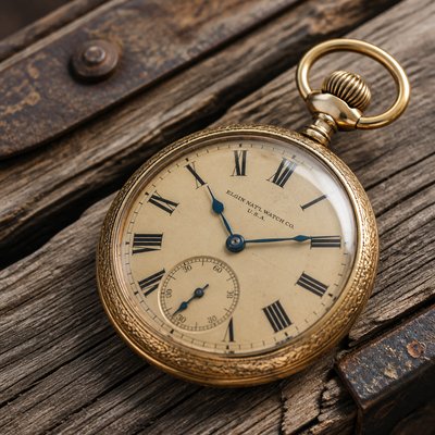 close-up of an antique pocket watch on weathered wood