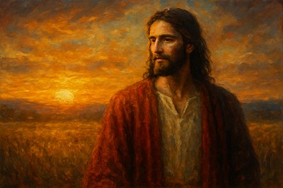 jesus at a field sunset background
