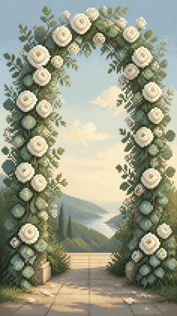 an arch of white roses and eucalyptus in soft morning light, elegant vertical composition with open space, no text