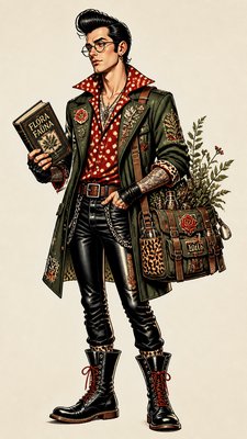 full-body original character: a wandering botanist with a satchel of plants, a patched green cloak, tall boots and round glasses, neutral background