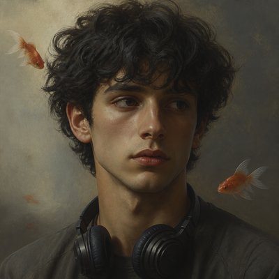 head-and-shoulders portrait of an original character: a young man with curly dark hair and headphones around his neck, plain backdrop, no text