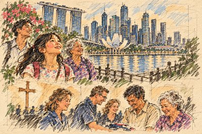 a drawing of a group of people sitting at a table