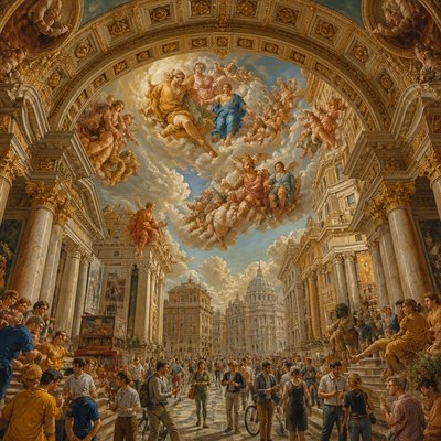 urban street with city activity — Vatican Art Style