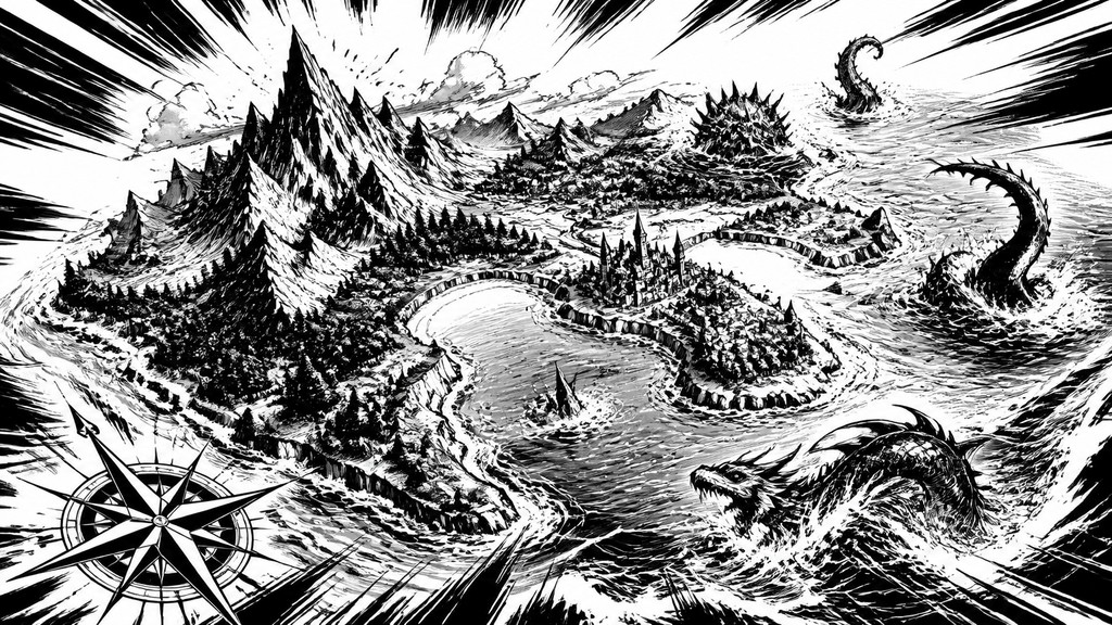 a map of an island realm with mountains, forests, a sheltered bay, sea monsters in the water and a compass rose, no text labels