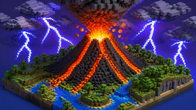 an erupting volcano with lightning strikes, dramatic wide composition, no text