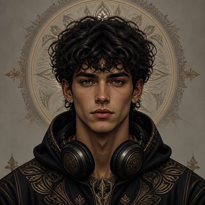 head-and-shoulders portrait of an original character: a young man with curly dark hair and headphones around his neck, plain backdrop, no text