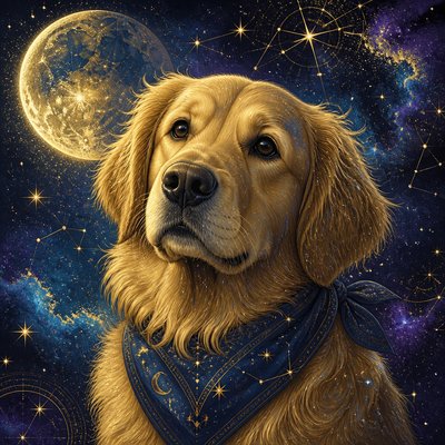portrait of a golden retriever wearing a blue bandana, warm plain backdrop, no text
