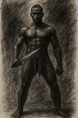 a drawing of a man holding a sword