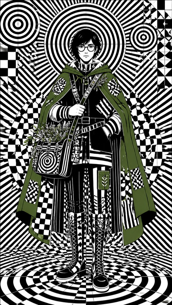 full-body original character: a wandering botanist with a satchel of plants, a patched green cloak, tall boots and round glasses, neutral background