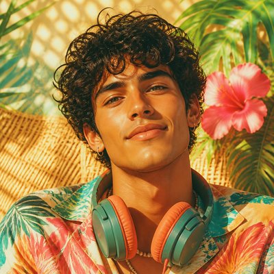 head-and-shoulders portrait of an original character: a young man with curly dark hair and headphones around his neck, plain backdrop, no text