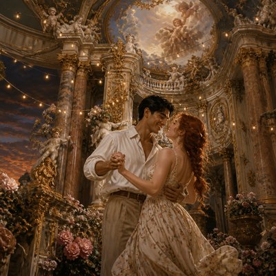 an original couple dancing under string lights in a garden at dusk: a man with short black hair in a linen shirt and a woman with braided red hair in a summer dress