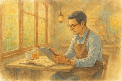 a painting of a man sitting at a table looking at a book
