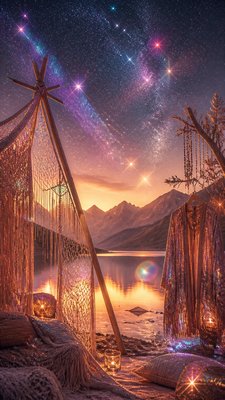 a tranquil mountain lake beneath a starry night sky, no people, no text