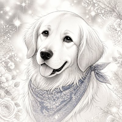 portrait of a golden retriever wearing a blue bandana, warm plain backdrop, no text