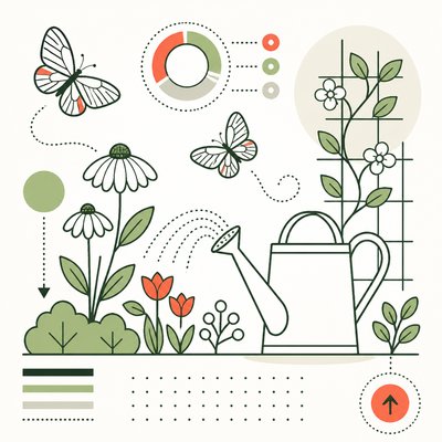 a garden scene with butterflies, flowers and a watering can, clean uncolored line art, no text