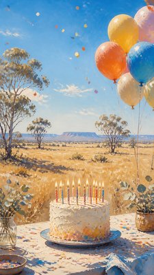 a birthday cake with lit candles surrounded by balloons and confetti, festive vertical composition, no text