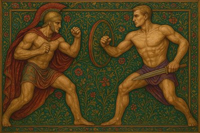 a painting of two men fighting each other
