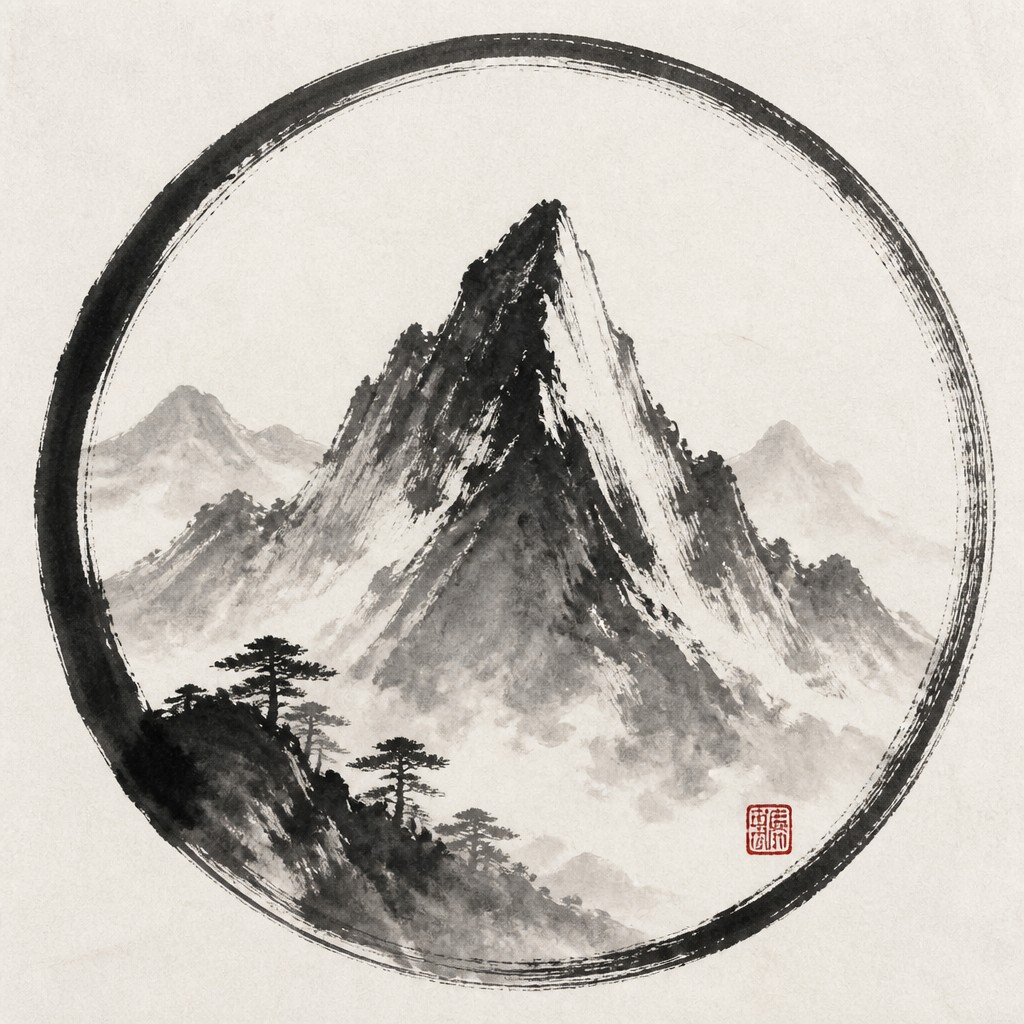 an emblem of a mountain peak inside a circle, simple bold shapes on a plain background, no text or lettering
