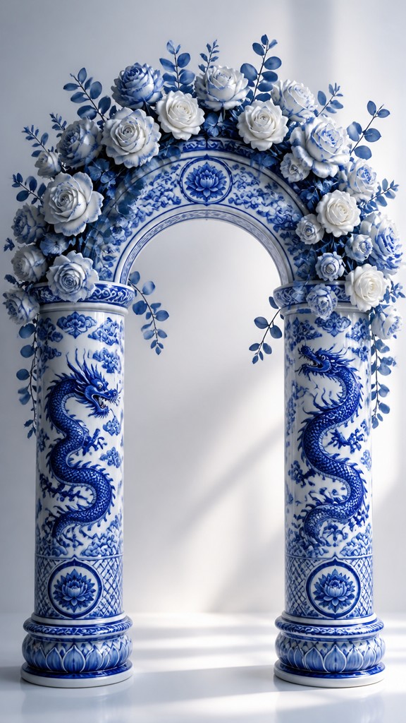 an arch of white roses and eucalyptus in soft morning light, elegant vertical composition with open space, no text