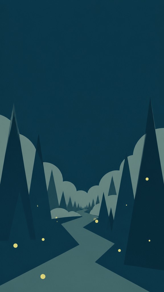 a mysterious forest path with fireflies and drifting mist, atmospheric vertical composition with open space at the top, no text