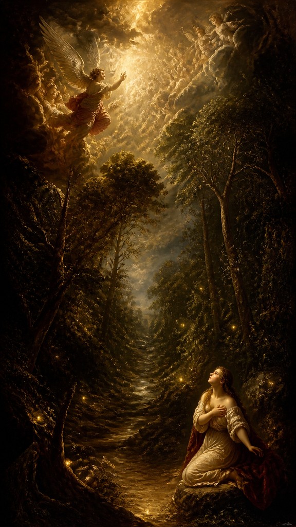 a mysterious forest path with fireflies and drifting mist, atmospheric vertical composition with open space at the top, no text