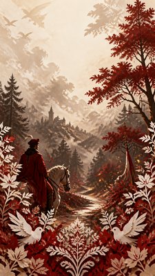 a mysterious forest path with fireflies and drifting mist, atmospheric vertical composition with open space at the top, no text