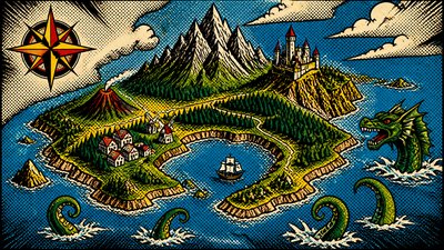a map of an island realm with mountains, forests, a sheltered bay, sea monsters in the water and a compass rose, no text labels