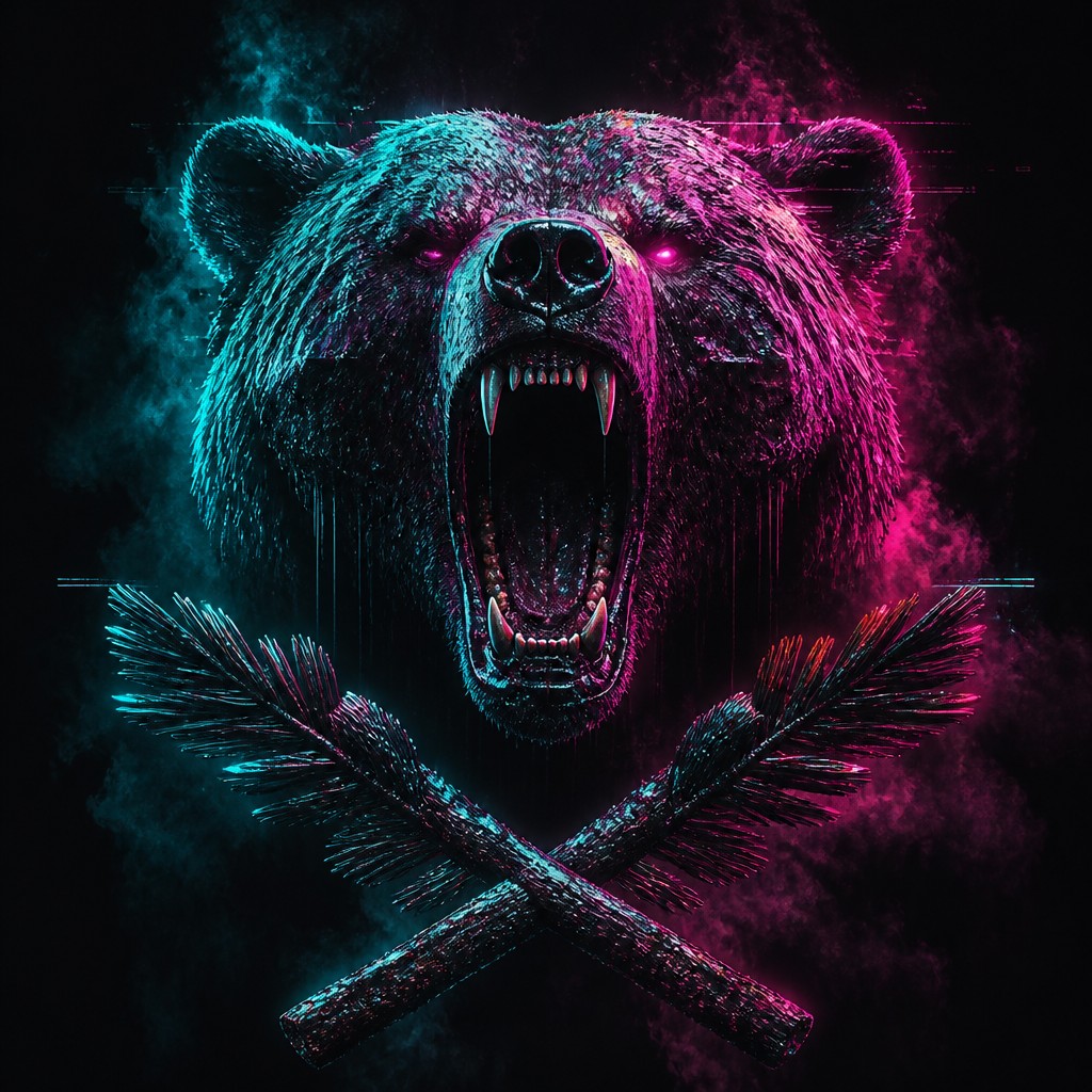 a roaring bear head above crossed pine branches, bold graphic composition on a plain background, no text