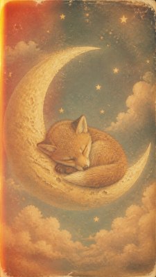 a sleeping baby fox curled on a crescent moon among soft stars, gentle and warm, no text