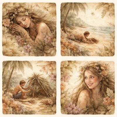 4 separate small images in squares showing the story of a leafy tropical island with a goddess spirit who starts asleep in the first picture, then wakes gently when a male castaway washes up on beach second picture, then watches him build a shelter third picture, then looks closely with a surprised smile fourth picture