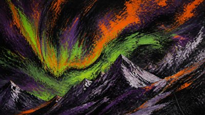 a flowing aurora over snowy peaks, wide sweeping composition, no people, no text