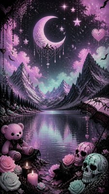 a tranquil mountain lake beneath a starry night sky, no people, no text