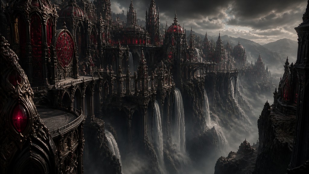 a cliffside city with waterfalls cascading into a misty canyon, wide establishing shot, no people, no text