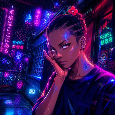 a woman in a dark room with neon lights