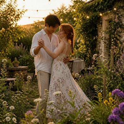 an original couple dancing under string lights in a garden at dusk: a man with short black hair in a linen shirt and a woman with braided red hair in a summer dress