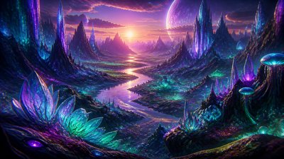 a vast valley with a river winding toward distant mountains at sunrise, no people, no text