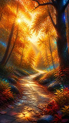 a winding forest path in golden autumn light, no people