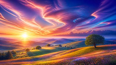 rolling hills with scattered trees under a big dramatic sky, no people