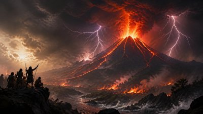 an erupting volcano with lightning strikes, dramatic wide composition, no text