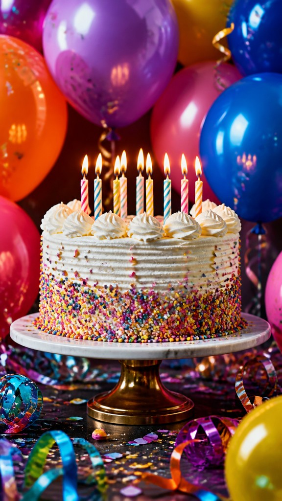 a birthday cake with lit candles surrounded by balloons and confetti, festive vertical composition, no text