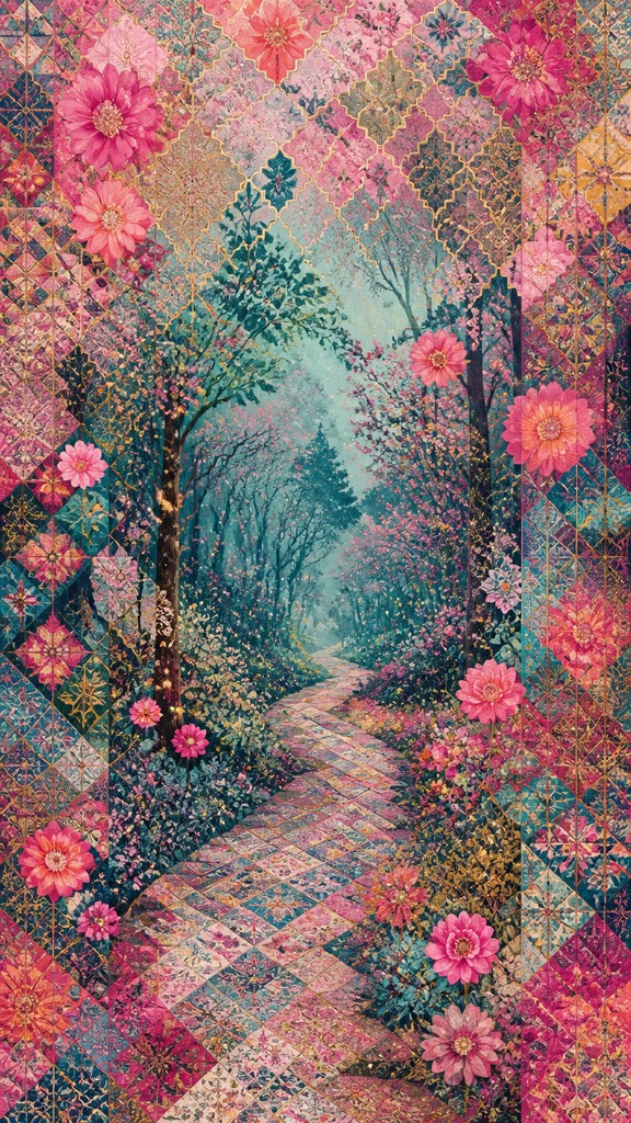 a mysterious forest path with fireflies and drifting mist, atmospheric vertical composition with open space at the top, no text