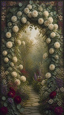 an arch of white roses and eucalyptus in soft morning light, elegant vertical composition with open space, no text