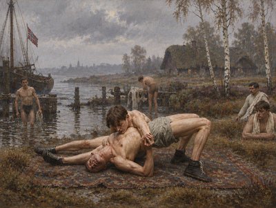 a painting of two men wrestling on a rug